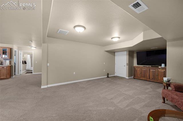 533 Talus Road Monument, CO 80132 - Photo 34 of 46 Living room featuring light carpet and a textured ceiling