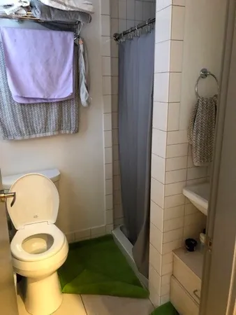 a bathroom with a toilet and a shower