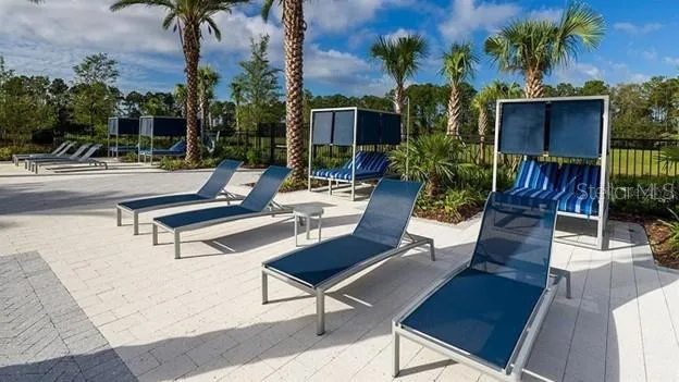 a building outdoor space with seating space