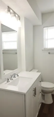 a bathroom with a sink a toilet and mirror