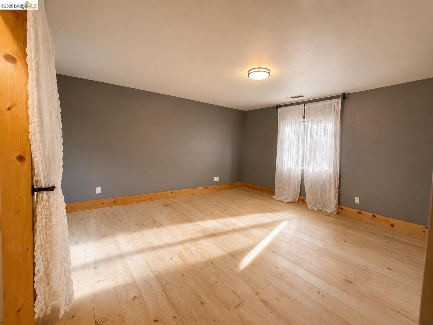 20663 Ferretti Road Groveland, CA 95321 - Photo 25 of 41 Natural wood-finish flooring, dark accent wall, ceiling-mounted light fixture, and wood baseboards
