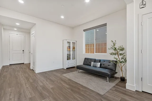a living room with furniture and a potted plant