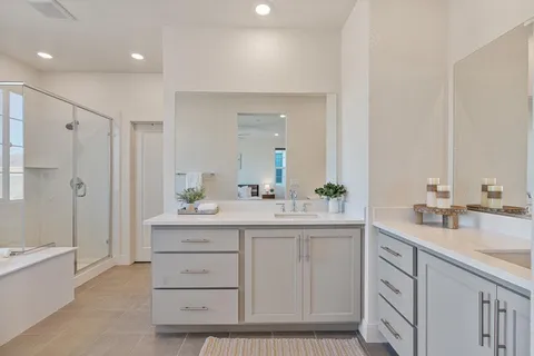 a spacious bathroom with a double vanity sink mirror double and shower