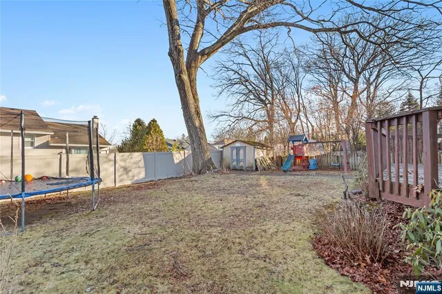 a view of a backyard with large trees