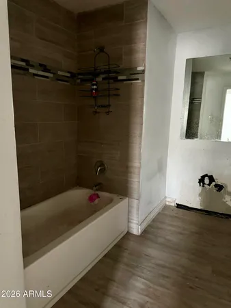 a bathroom with a bathtub and a shower