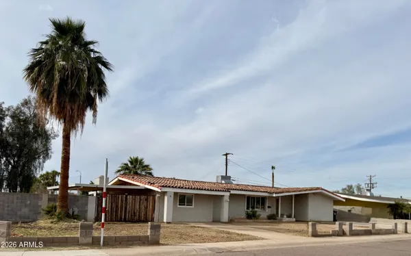 a front view of a building with a palm tree