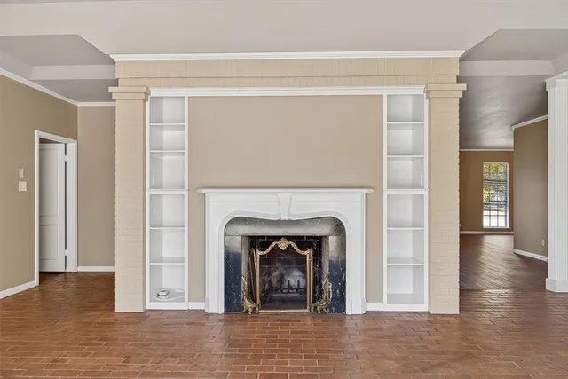 a living room with a fireplace