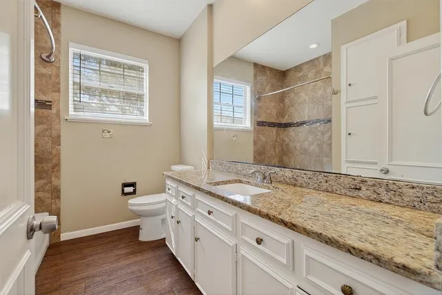 a bathroom with a granite countertop sink toilet and shower