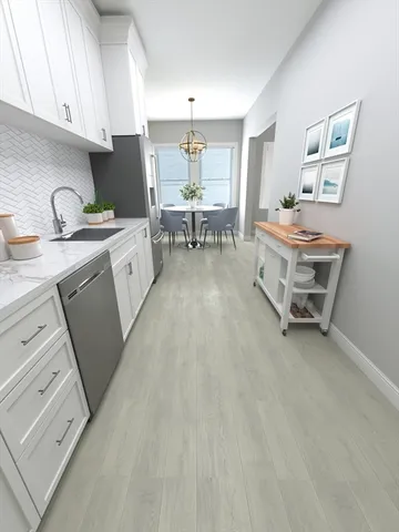 a living room with furniture and a dining table with wooden floor