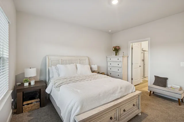 a bedroom with a bed and a closet