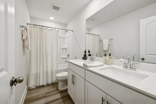 a bathroom with a double vanity sink toilet and a mirror