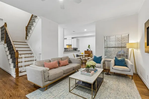 a living room with furniture a rug and a potted plant