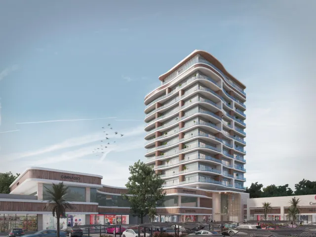 a front view of a multi story building