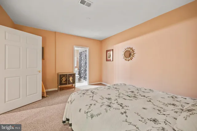 a spacious bedroom with a bed and a walk in closet