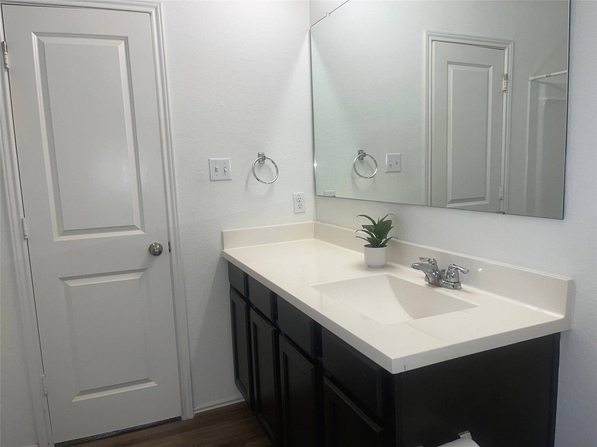 117 Galaxy Way Jarrell, TX 76537 - Photo 11 of 17 Vanity featuring a white countertop with integrated sink, chrome faucet, and dark wood-finish cabinetry