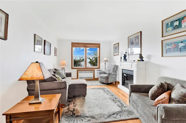 a living room with furniture a rug and a fireplace