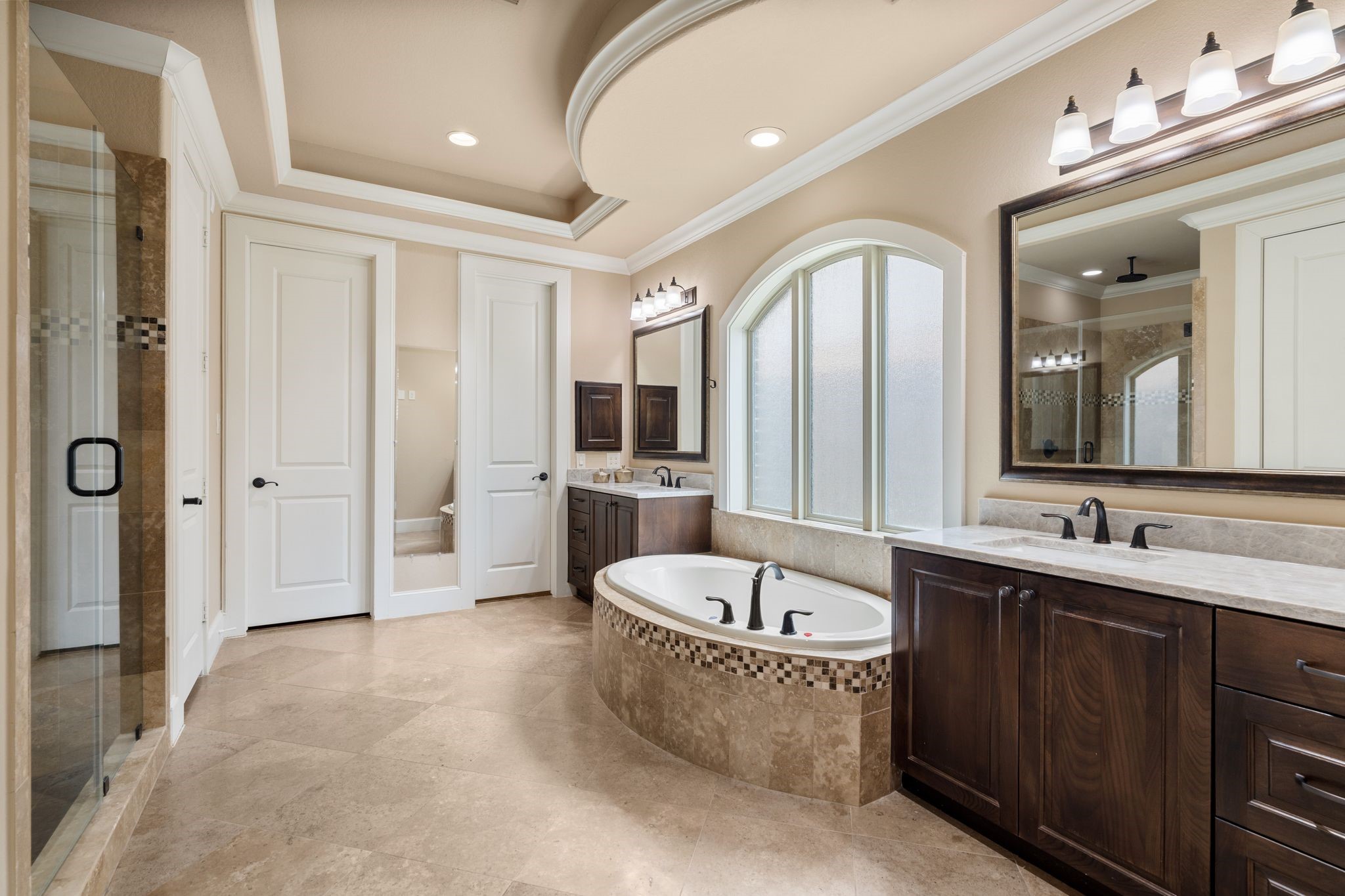 1418 Du Barry Lane Houston, TX 77018 - Photo 21 of 45 a large spacious bathroom with a granite countertop tub sink shower and mirror