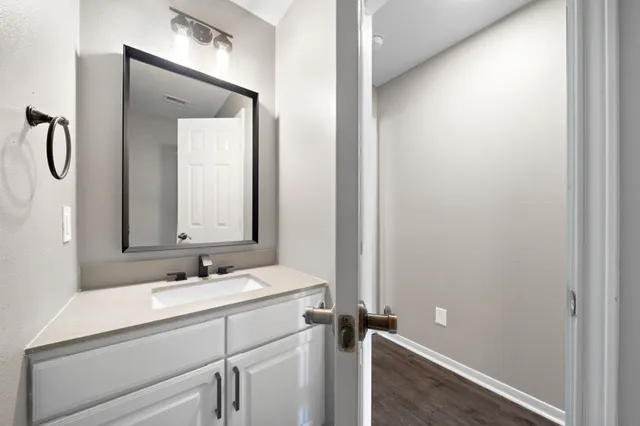 a bathroom with a sink vanity and a mirror