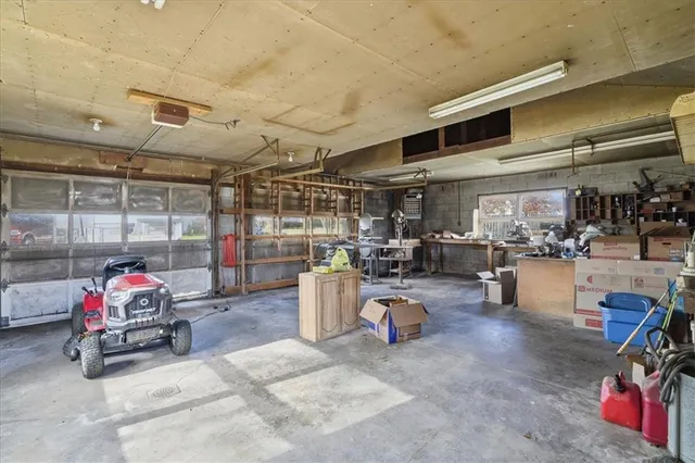 a view of a garage with storage