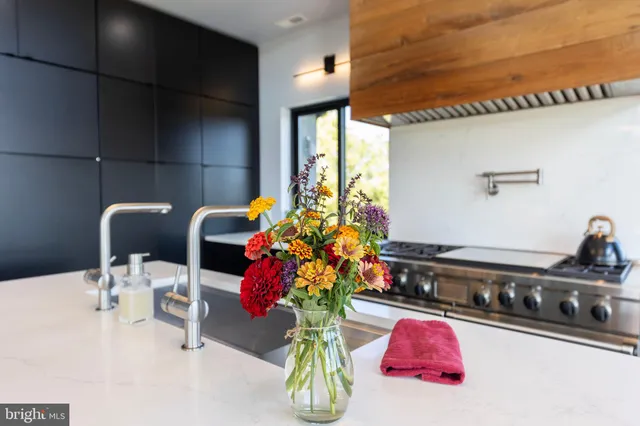 a view of a patio with table and chairs and potted plants with large tree