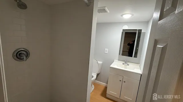 a bathroom with a sink a toilet and mirror