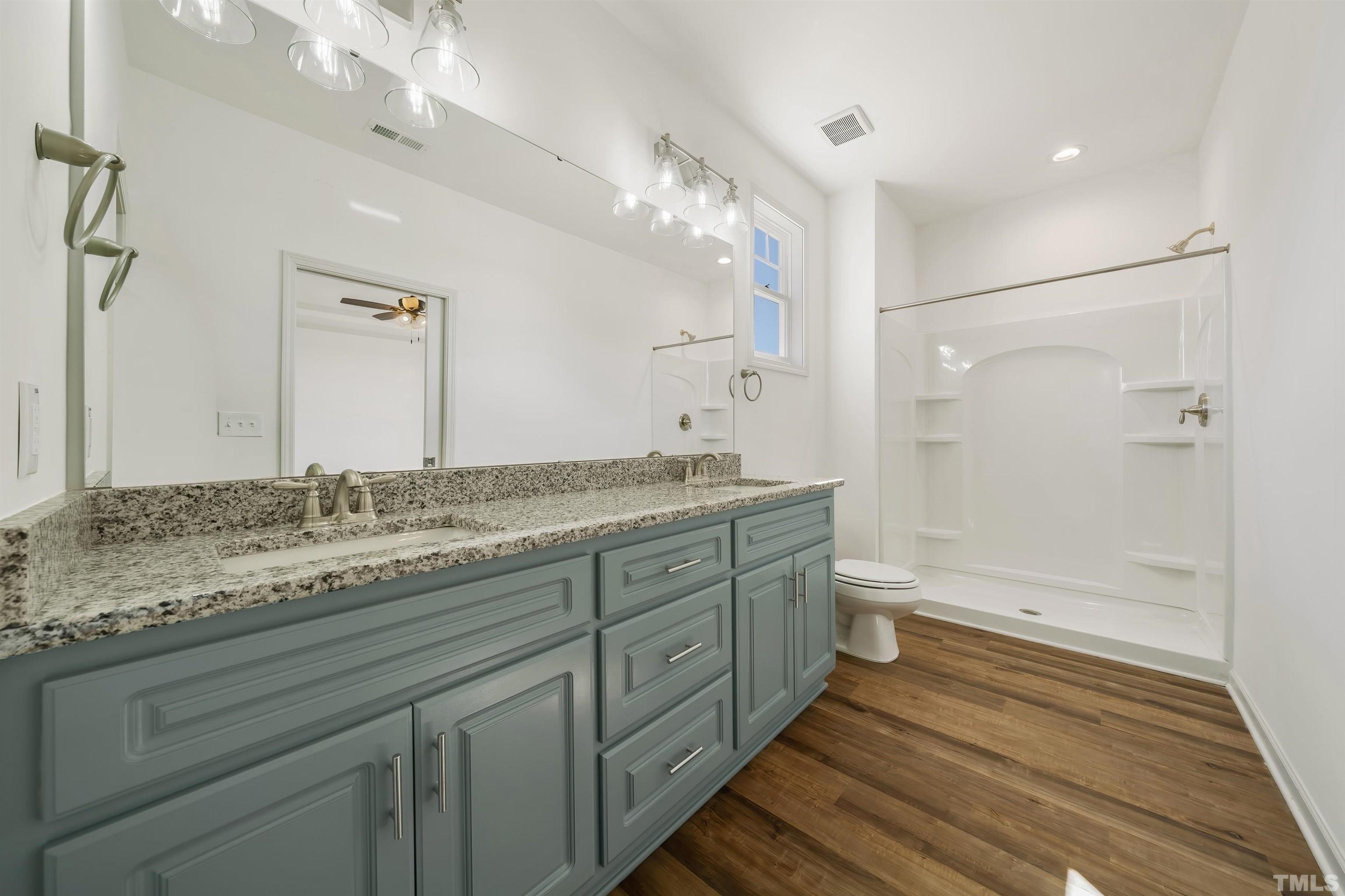 4107 Needham Road Bailey, NC 27807 - Photo 12 of 24 a bathroom with a granite countertop sink a toilet a mirror and shower