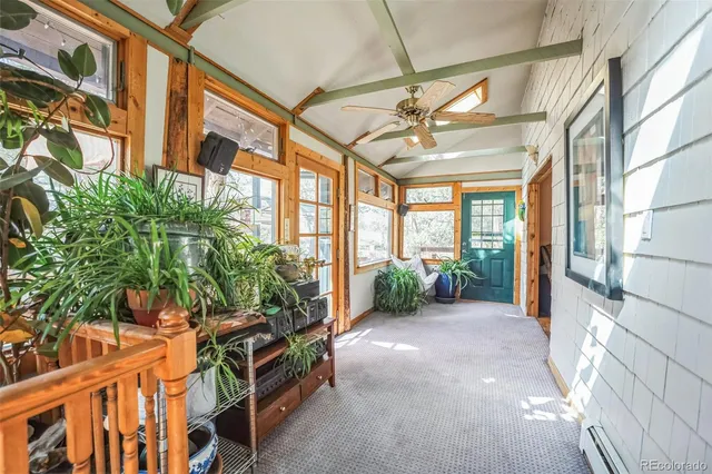 a view of a porch with a tv
