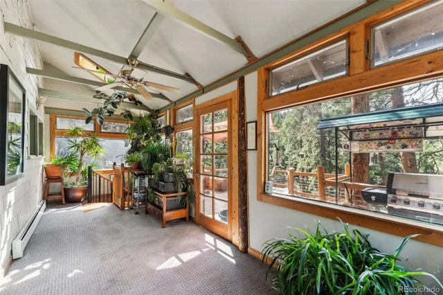 a view of a porch with chairs and a potted plant