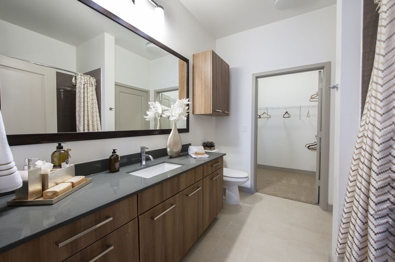2111 Westheimer Road, Unit 1401 Houston, TX 77098 - Photo 6 of 16 a bathroom with a granite countertop sink mirror and double