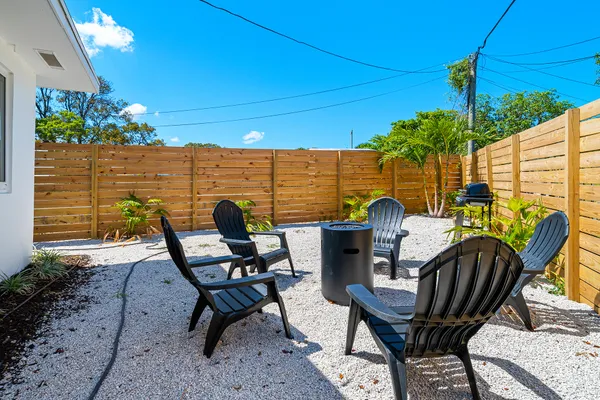 a view of a chairs and table in patio