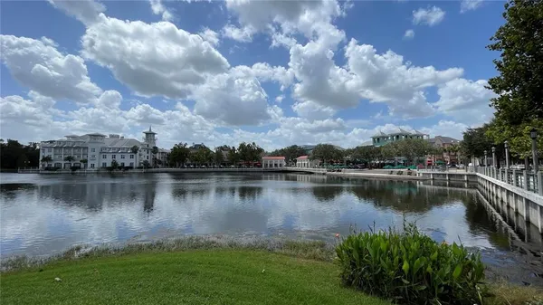 a view of a lake with a city