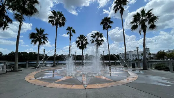 an outdoor space with seating space