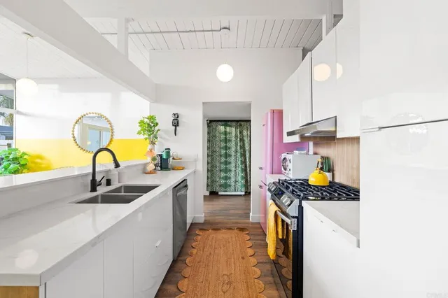 a kitchen with a sink and a potted plant