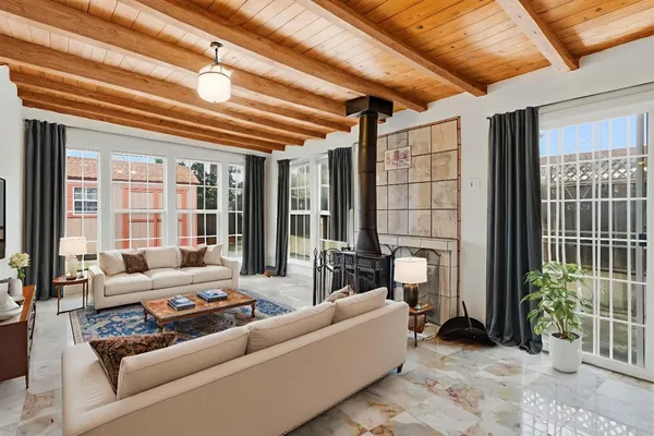 a living room with furniture and a potted plant
