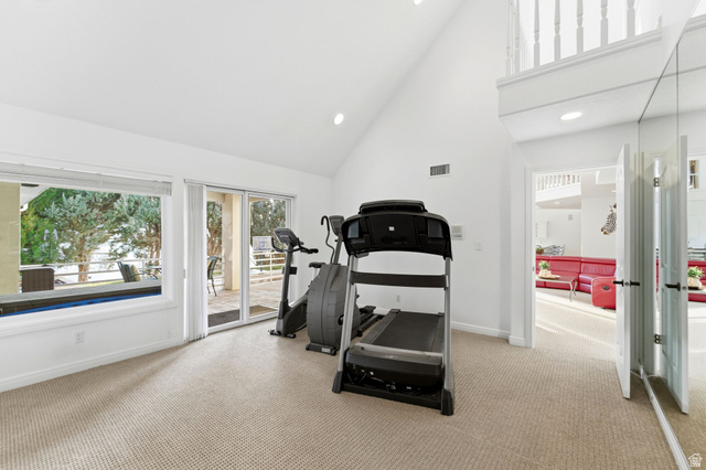 1878 East Ridge Point Drive Bountiful, UT 84010 - Photo 50 of 92 Exercise room featuring recessed lighting, lofted ceiling, and light colored carpet