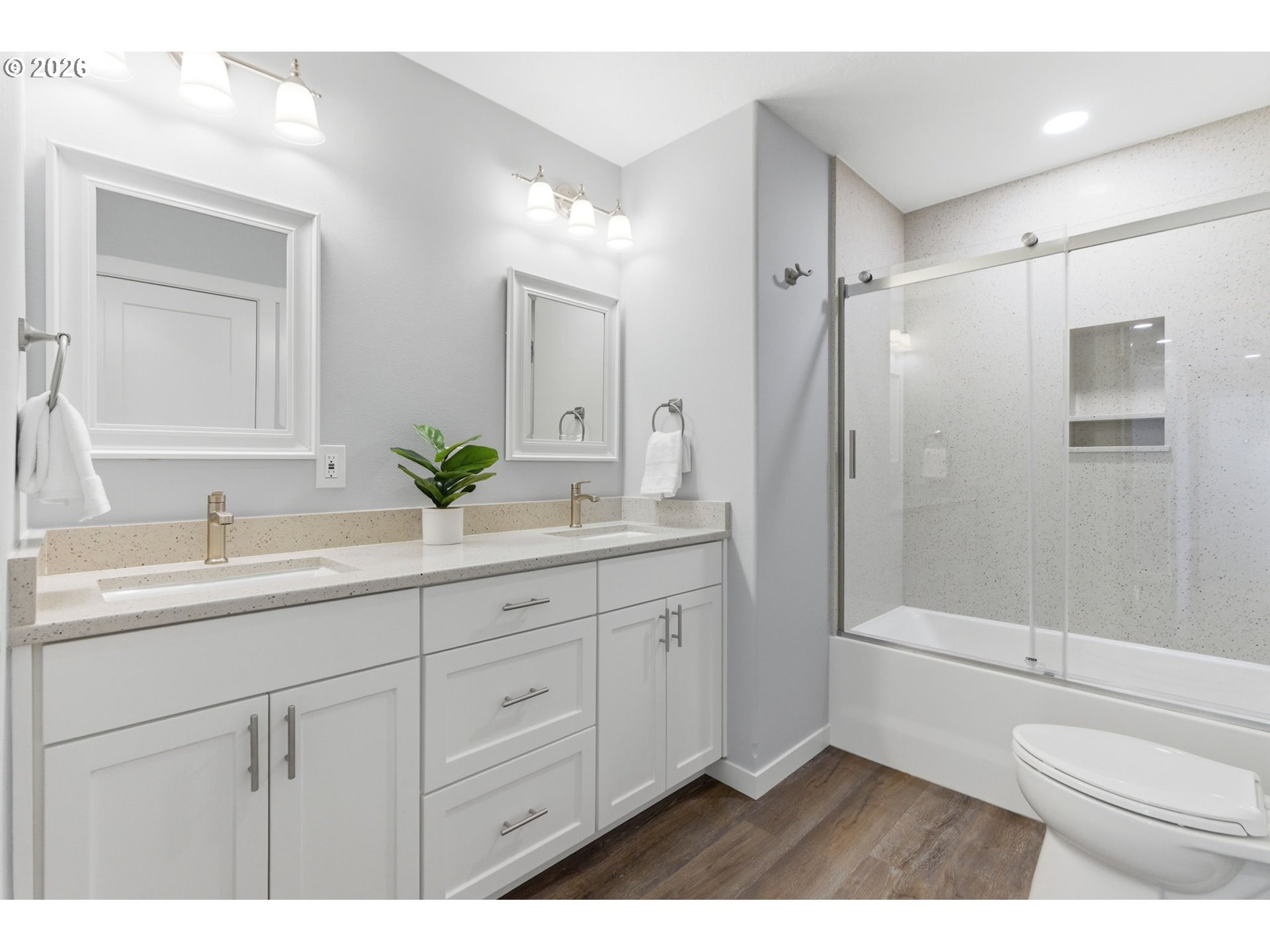 372 Southwest George Court Dundee, OR 97115 - Photo 22 of 33 a bathroom with a granite countertop sink toilet and shower