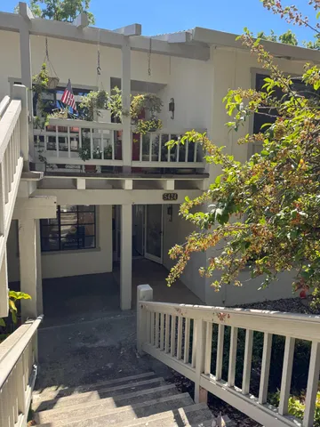a view of a chairs and table in the backyard