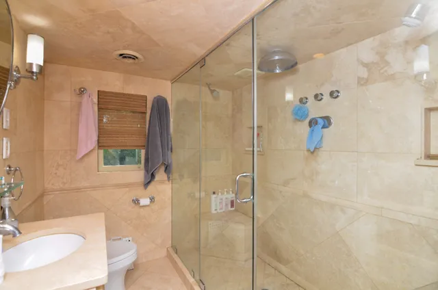 a bathroom with a sink a toilet and shower