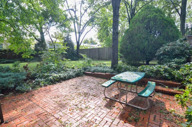 a view of a backyard with table and chairs potted plants and large tree
