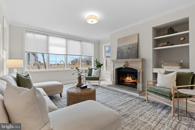 a living room with furniture or fireplace and a fireplace