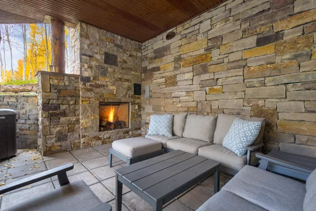 a building outdoor space with patio furniture