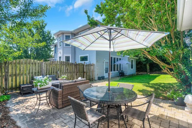 a backyard of a house with a table and chairs