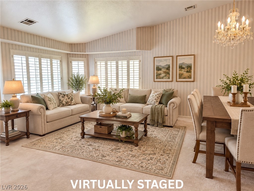 5470 Grain Mill Road Pahrump, NV 89061 - Photo 77 of 80 VIRTUALLY STAGED An open floorplan living and dining area boasts classic wallcoverings and a vaulted ceiling.
