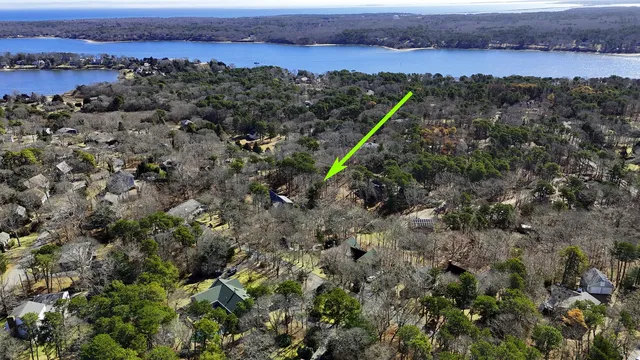 an aerial view of a houses with a forest