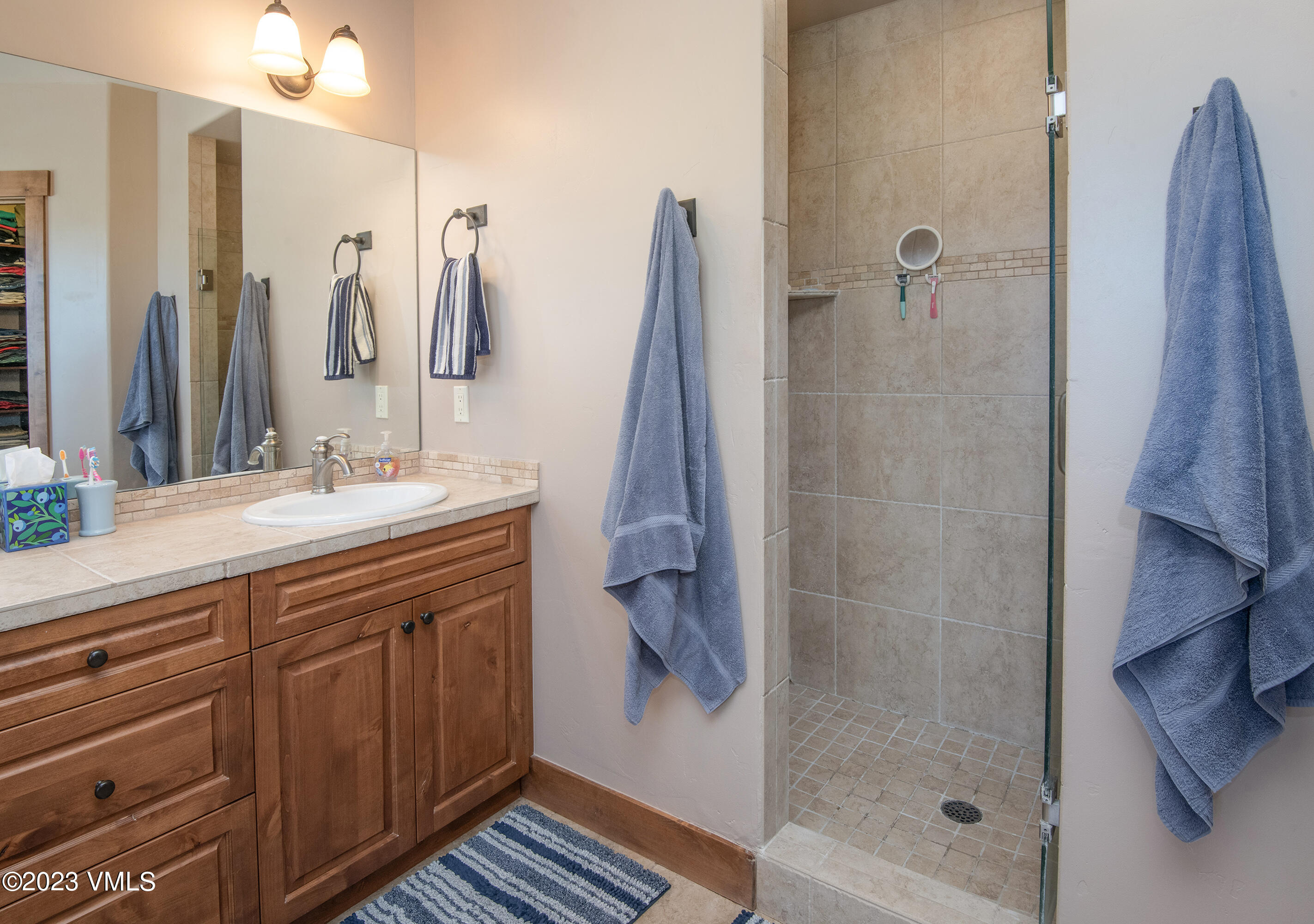 346 Palmer Loop Eagle, CO 81631 - Photo 34 of 63 a bathroom with a double vanity sink a shower and a mirror