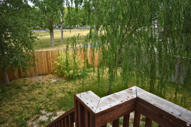 3327 East Windhover Road Eagle Mountain, UT 84005 - Photo 33 of 38 Private backyard with a wood privacy fence, featuring a mature weeping willow tree and additional plantings