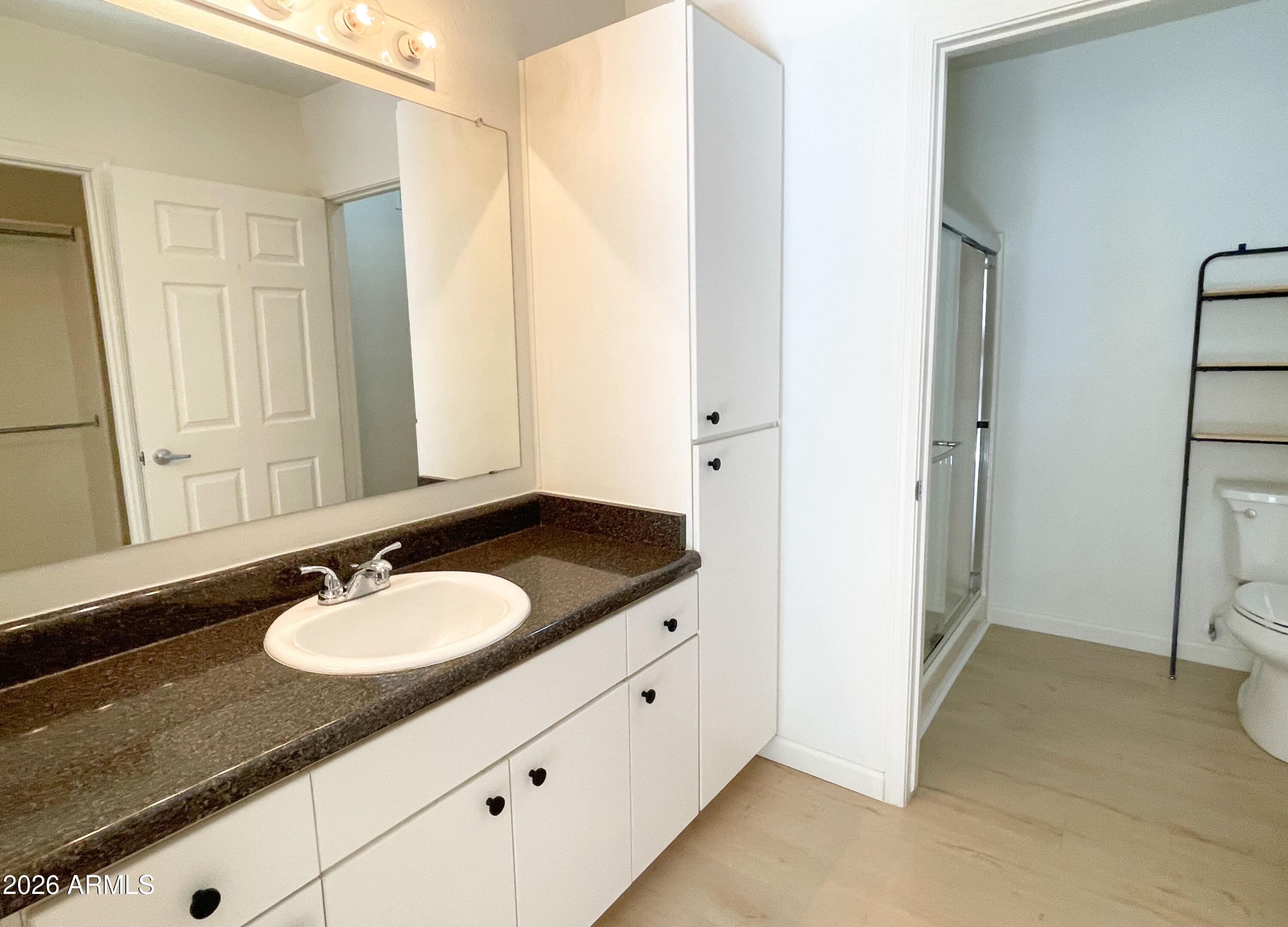 1295 North Ash Street, Unit 828 Gilbert, AZ 85233 - Photo 14 of 24 a bathroom with a granite countertop sink and a mirror