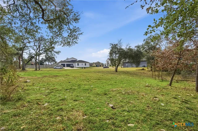 a view of a field with trees in the background