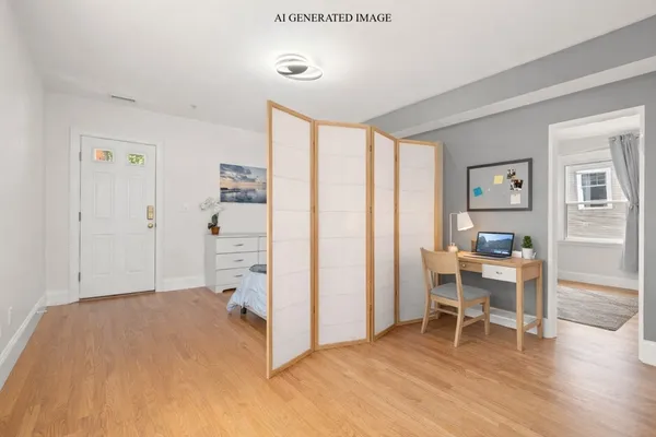 a workspace with wooden floor and furniture