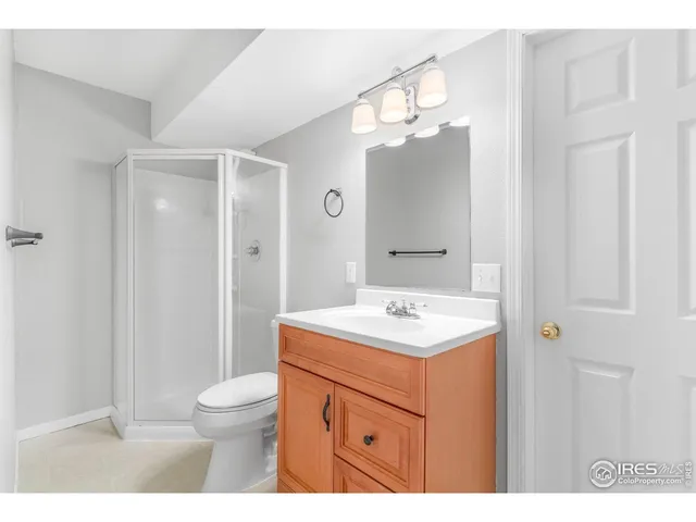 a bathroom with a sink a toilet a mirror a vanity and shower